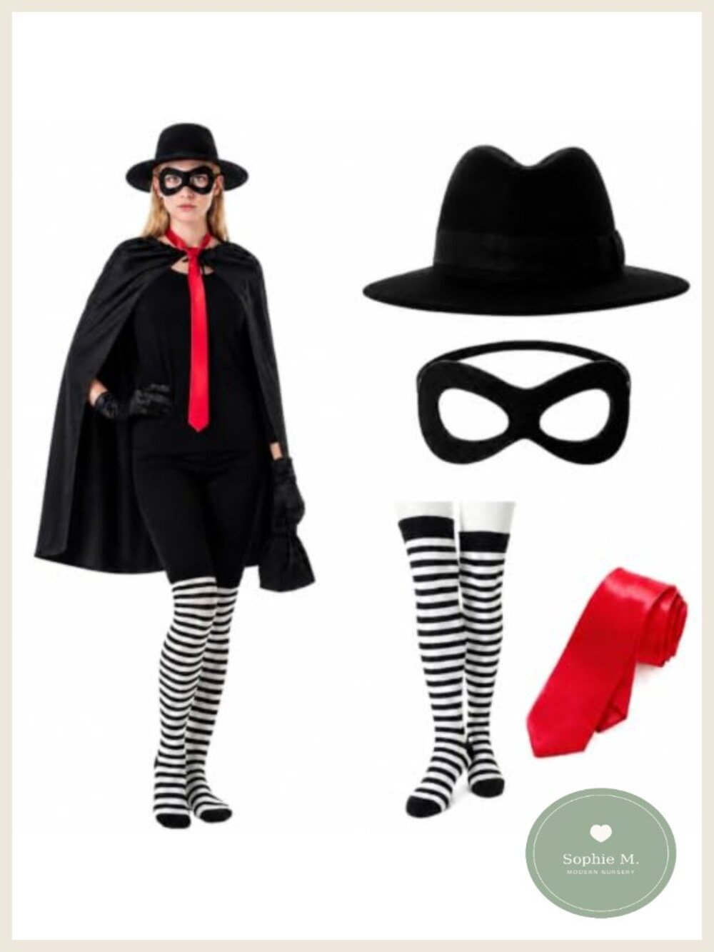 5 Pcs Womens Burglar Costume Cape Hat Eye Mask Striped Socks Tie Halloween